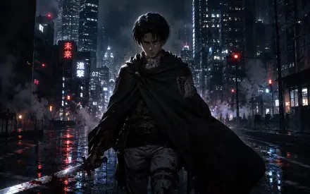 4K Ultra HD PC desktop wallpaper: anime depiction of Levi Ackerman striding through a rain-soaked neon city at night, cape billowing, blade drawn, reflections on wet streets.