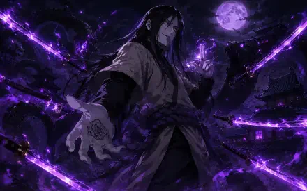 Orochimaru (Naruto) under a full moon, purple serpentine energy spiraling around him in a dark, ominous anime scene — 4K Ultra HD PC desktop wallpaper/background.