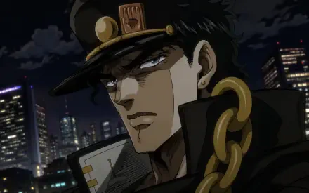 Jotaro Kujo, anime 4K Ultra HD PC desktop wallpaper: stern close-up with hat and heavy chain, neon city skyline glowing at night.