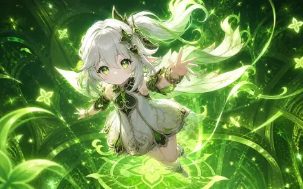 Nahida (Genshin Impact) anime character floating amid glowing green Dendro motifs and fluttering butterflies, wearing white-green robes — vibrant 4K Ultra HD PC desktop wallpaper/background.