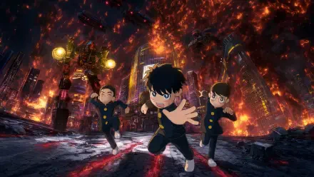 Thunder 3 Sanda anime scene: three schoolboys sprinting through a fiery, ruined city with sparks and burning skyline — 4K Ultra HD PC desktop wallpaper background.