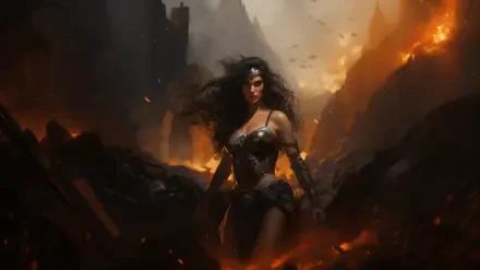 Comic-style digital art 2K Quad HD PC desktop wallpaper: armored warrior woman with dark hair strides through a fiery volcanic battlefield under ash-filled skies.