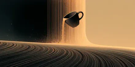 Abstract Espresso Fall 2K Quad HD PC desktop wallpaper: a mug pouring espresso like a golden waterfall over a rippled, surreal landscape.