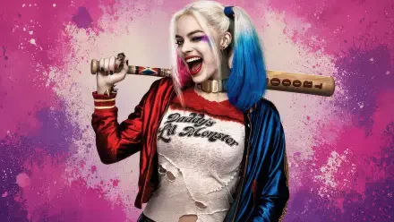 Vibrant digital art of Harley Quinn in red and blue jacket, blue and pink pigtails, laughing and holding a baseball bat against a pink splatter backdrop — 4K Ultra HD PC desktop wallpaper/background.
