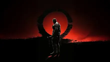 Digital art 5K Ultra HD PC wallpaper: Kratos (God of War) stands on a rocky ridge, axe in hand, silhouetted against a blood-red sun ringed by dark smoke.