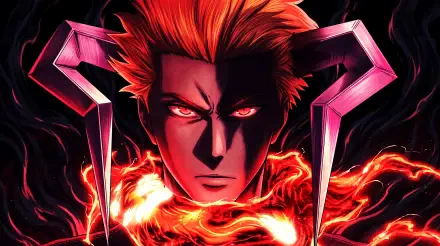 5K Ultra HD anime wallpaper: Ichigo Kurosaki from Bleach: Thousand-Year Blood War with bankai unleashed, glowing red eyes and swirling fiery aura.