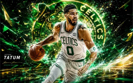 4K Ultra HD desktop wallpaper of a Boston Celtics player dribbling, surrounded by green energy effects and the team logo in the background.