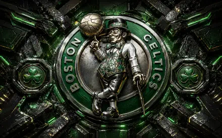 4K Ultra HD PC desktop wallpaper: Boston Celtics NBA leprechaun logo embossed in metallic green and silver with clovers and a textured geometric background.