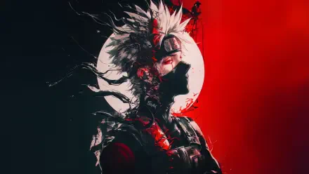Kakashi Hatake from Naruto in profile before a red moon, smoky, high-contrast red-black art — 5K Ultra HD PC desktop wallpaper.