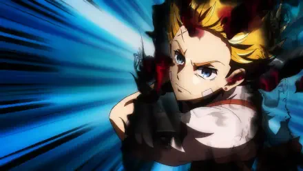 HD PC desktop wallpaper: The Vermilion Mask — anime girl with blond hair and blue eyes firing a gun amid streaking blue motion lines.