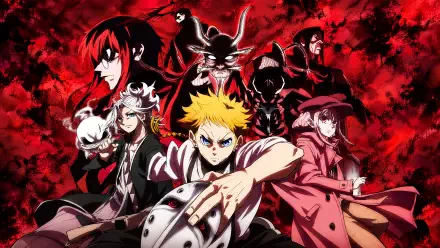 The Vermilion Mask anime/manga 4K Ultra HD PC desktop wallpaper and background: intense ensemble—blond hero in front of masked villains on a blood-red, smoky backdrop.