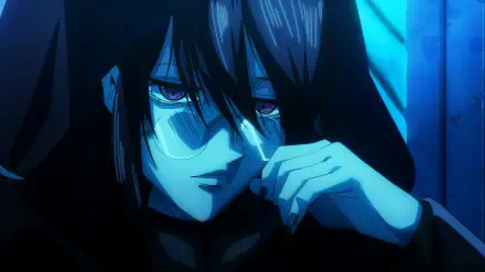 Blue-lit close-up of a dark-haired anime figure from The Vermilion Mask, intense eyes and hand at face — 4K Ultra HD PC desktop wallpaper.