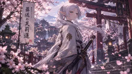 Anime (Frieren: Beyond Journey's End) 2K Quad HD PC desktop wallpaper: Frieren in an elegant kimono with a sword, standing among torii gates and falling cherry blossoms at dusk.