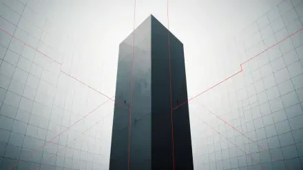 HD PC desktop wallpaper: a minimalist dark skyscraper tower rising into a pale sky, framed by faint red grid lines.