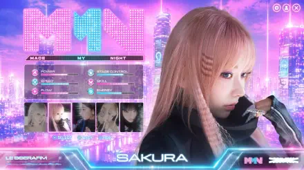 5K Ultra HD PC wallpaper: female K-pop idol portrait in a neon cyberpunk city, Overwatch 2–style HUD overlay, MNN title, profile thumbnails and futuristic UI elements.