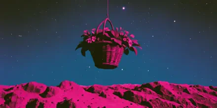 2K Quad HD PC wallpaper/background: a hanging basket of pink flowers floats above magenta-lit desert hills beneath a starry teal sky.