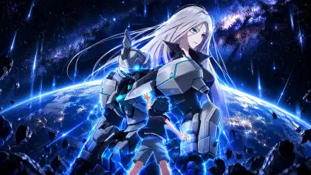 Vertex Force anime warrior in glowing powered armor stands before Earth and a starfield — 4K Ultra HD PC desktop wallpaper background.