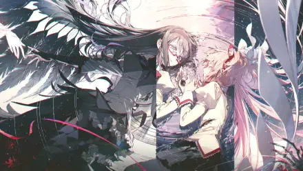 HD anime PC desktop wallpaper: Homura Akemi and Madoka Kaname from Mahou Shoujo Madoka☆Magica, mirrored dark/light composition with wings, scattered petals and shattered glass accents.