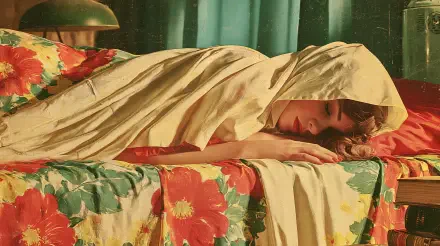 2K Quad HD PC desktop wallpaper: a woman sleeping on a bed, wrapped in a cream blanket over vibrant floral sheets, soft lamp glow and green curtains in the background.
