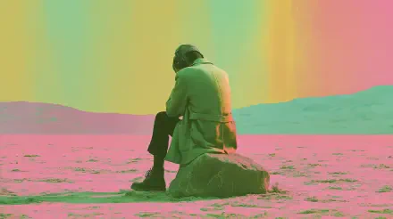 Sad, aesthetic 2K Quad HD PC desktop wallpaper/background: lone figure in a trench coat sits on a rock in a pastel gradient desert, back turned, contemplative and isolated.