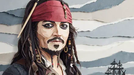 2K Quad HD desktop wallpaper of pirate Jack Sparrow: close-up portrait with red bandana, braided hair and trinkets, ship silhouette against layered gray-blue sky.