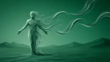 Emerald green smoke forming a ghostly humanoid spirit with trailing tendrils across a 2K Quad HD PC desktop wallpaper background.