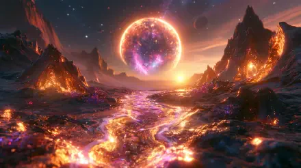 AI Art Fantasy & Sci Fi 2K Quad HD PC desktop wallpaper and background: molten alien landscape with glowing rivers, jagged peaks and a radiant planet hovering in a vivid cosmic universe.