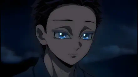 Close-up of Akaza from Demon Slayer: Kimetsu no Yaiba — The Movie: Infinity Castle, anime 4K PC desktop wallpaper showing his reflective blue eyes against a dark night sky.