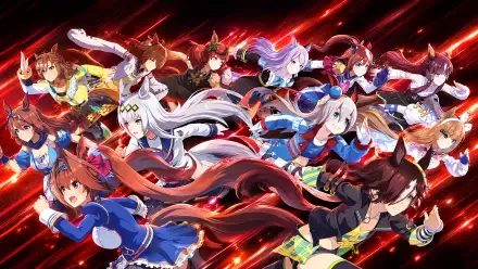 Vibrant 4K Ultra HD PC desktop background of Uma Musume anime girls in MotoGP-style racing outfits, dynamic red streaks and motion blur across a packed lineup.