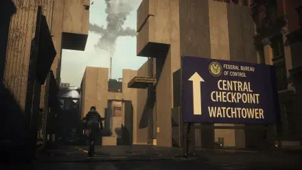 4K PC wallpaper — Control: Resonance scene of Dylan Faden in a shadowed alley between brutalist buildings beside a Central Checkpoint Watchtower sign.