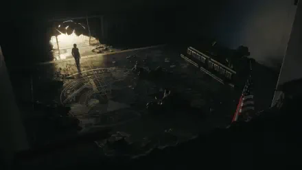 Control Resonant 4K Ultra HD PC desktop wallpaper/background: silhouetted figure in a cavernous tunnel/cave, light spilling through the entrance onto a debris-strewn floor.
