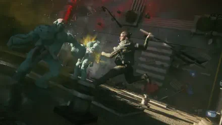 HD PC desktop wallpaper: Control Resonant scene of Dylan Faden in a brutal fight, lunging with a weapon amid supernatural chaos.