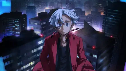 Tokyo Revengers 4K Ultra HD PC desktop wallpaper: lone silver‑haired anime character in a red jacket standing above a neon-lit Tokyo skyline at night.