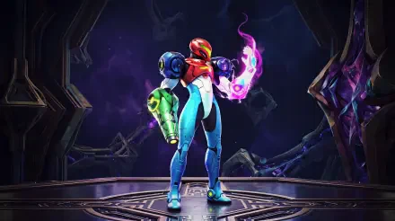 Samus Aran in her Power Suit, arm cannon ablaze, standing in a cosmic chamber — Metroid Ravenous video game artwork by Nintendo. 5K Ultra HD PC desktop wallpaper.
