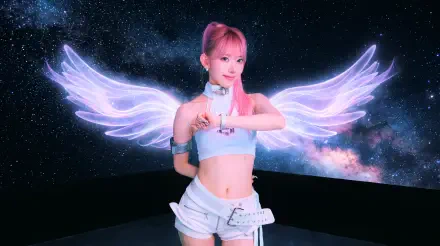 Pink‑haired young woman in a white crop top and shorts with glowing angel wings against a starry galaxy — vibrant 5K Ultra HD PC desktop wallpaper.