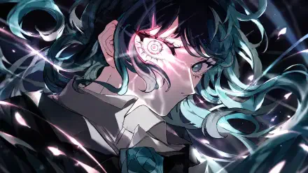 4K Ultra HD PC desktop wallpaper featuring Ado (Nico Nico Singer) Hibana — anime girl portrait with teal hair, a glowing eye, school uniform, and swirling light streaks.