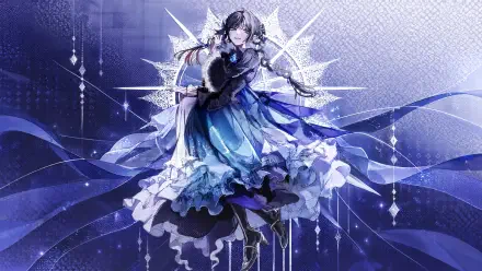 4K Ultra HD PC wallpaper of Hibana (Ado, Nico Nico Singer) — anime girl in a flowing blue layered dress, crystalline backdrop and sparkling stage accents.