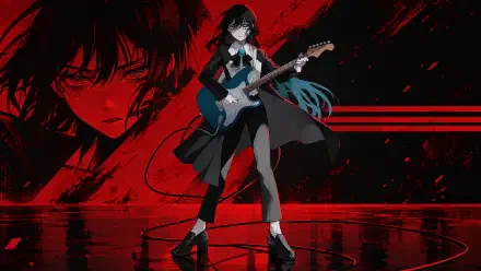 Anime singer with teal-tipped hair and electric guitar on a glossy stage before a blood-red abstract mural; 4K Ultra HD PC desktop wallpaper/background.