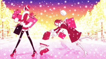 Bright 4K Ultra HD PC desktop wallpaper: Nana Osaki and Nana Komatsu exchange Christmas gifts on a snowy, glittering street beneath a pink-orange evening sky.