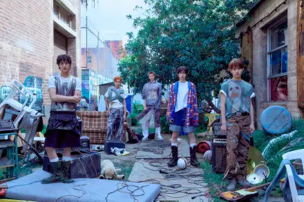 4K Ultra HD PC wallpaper: Cortis — Color Outside the Lines shows a group of young men posing amid a colorful, cluttered alley backdrop.
