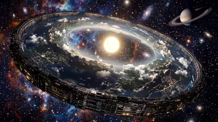 5K Ultra HD PC desktop wallpaper: colossal ringworld space station encircling a sunlit inner planet, cloudscapes and city lights along the rim against a star-filled cosmos.