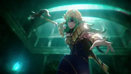 Fire Emblem: Fortune's Weave anime warrior in ornate armor casting emerald magic, spear raised in a glowing chamber, 4K Ultra HD PC desktop wallpaper.