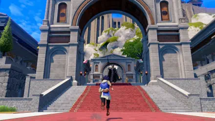 4K Ultra HD PC wallpaper of Fire Emblem: Fortune's Weave — a character ascending red-carpeted stairs toward a grand stone arch and building framed by bright blue sky.