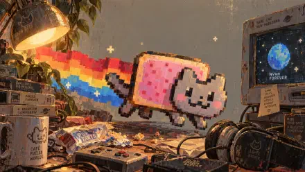 4K Ultra HD PC desktop wallpaper/background: pixel-art Nyan Cat - a smiling pixel cat streaking a rainbow across a retro computer desk scene.