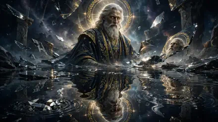 HD PC desktop wallpaper: an ancient god-wizard — a bearded old man in robes with a halo, conjuring glowing magic amid shattered celestial fragments reflected in dark water.