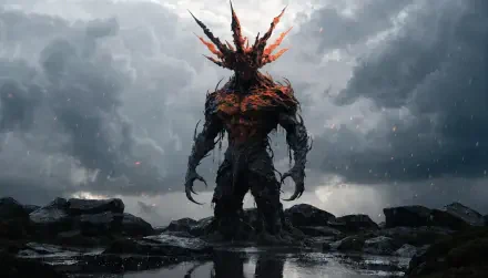 2K Quad HD PC desktop wallpaper/background: a towering dark king demon — charred, horned monster standing on rain-slick rocks beneath a stormy, ash-filled sky.