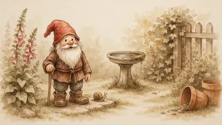 Whimsical garden gnome by a birdbath and snail in a soft sepia garden scene — 2K Quad HD PC desktop wallpaper/background.