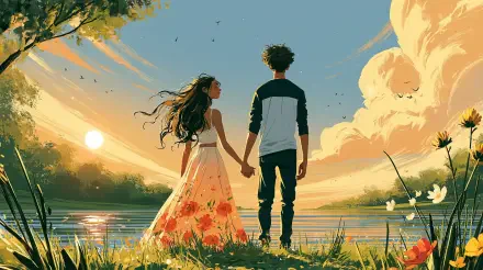 2K Quad HD PC desktop wallpaper of a couple in love holding hands by a tranquil lake at sunset, floral dress, warm skies and reflective water.