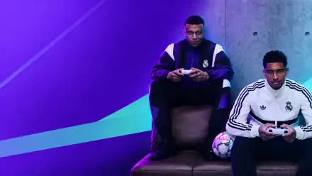 EA SPORTS FC 27 4K Ultra HD PC desktop wallpaper: two gamers holding controllers beside a soccer ball against a neon purple-blue video game backdrop.