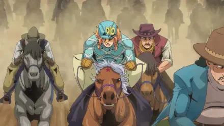 HD PC desktop wallpaper of Steel Ball Run: Diego Brando racing on horseback among cowboys and riders, a dynamic western horse race background.